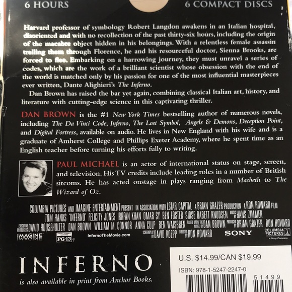Inferno by Dan Brown 2016 Book on CD’s. 6 Compact Disc Set - Picture 2 of 5